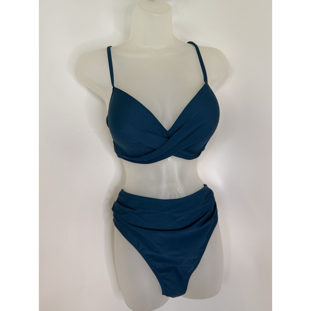 New Women's 2 Piece High Waist and Wrap Top Bikini Swimsuit Sea Blue Green XL - Picture 2 of 16